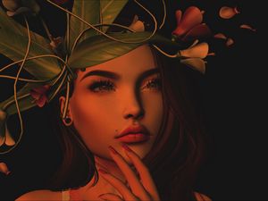 Preview wallpaper girl, art, face, wreath, leaves, flowers