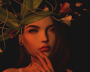 Preview wallpaper girl, art, face, wreath, leaves, flowers