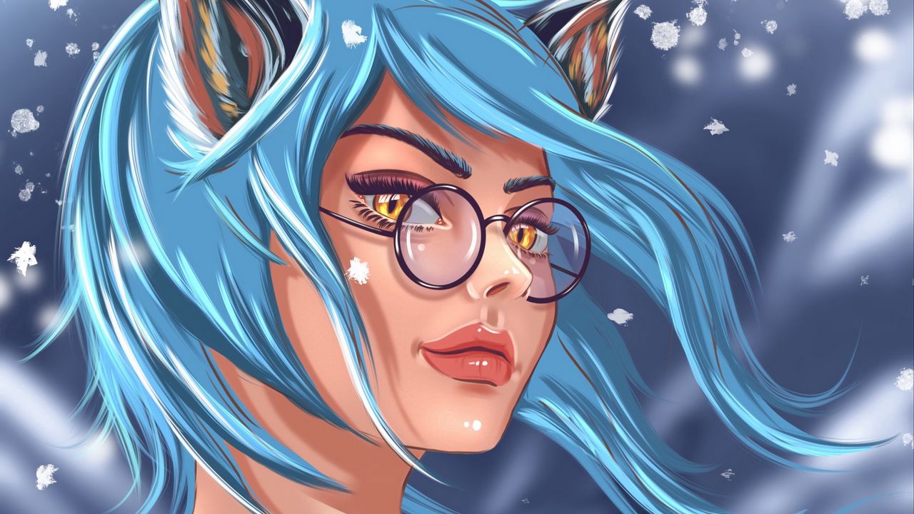Wallpaper girl, art, face, glasses, glance, hair, blue