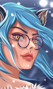 Preview wallpaper girl, art, face, glasses, glance, hair, blue