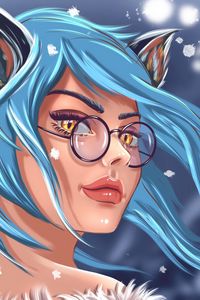 Preview wallpaper girl, art, face, glasses, glance, hair, blue