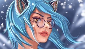 Preview wallpaper girl, art, face, glasses, glance, hair, blue