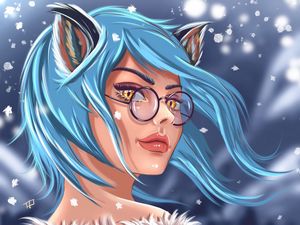 Preview wallpaper girl, art, face, glasses, glance, hair, blue