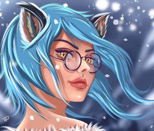 Preview wallpaper girl, art, face, glasses, glance, hair, blue