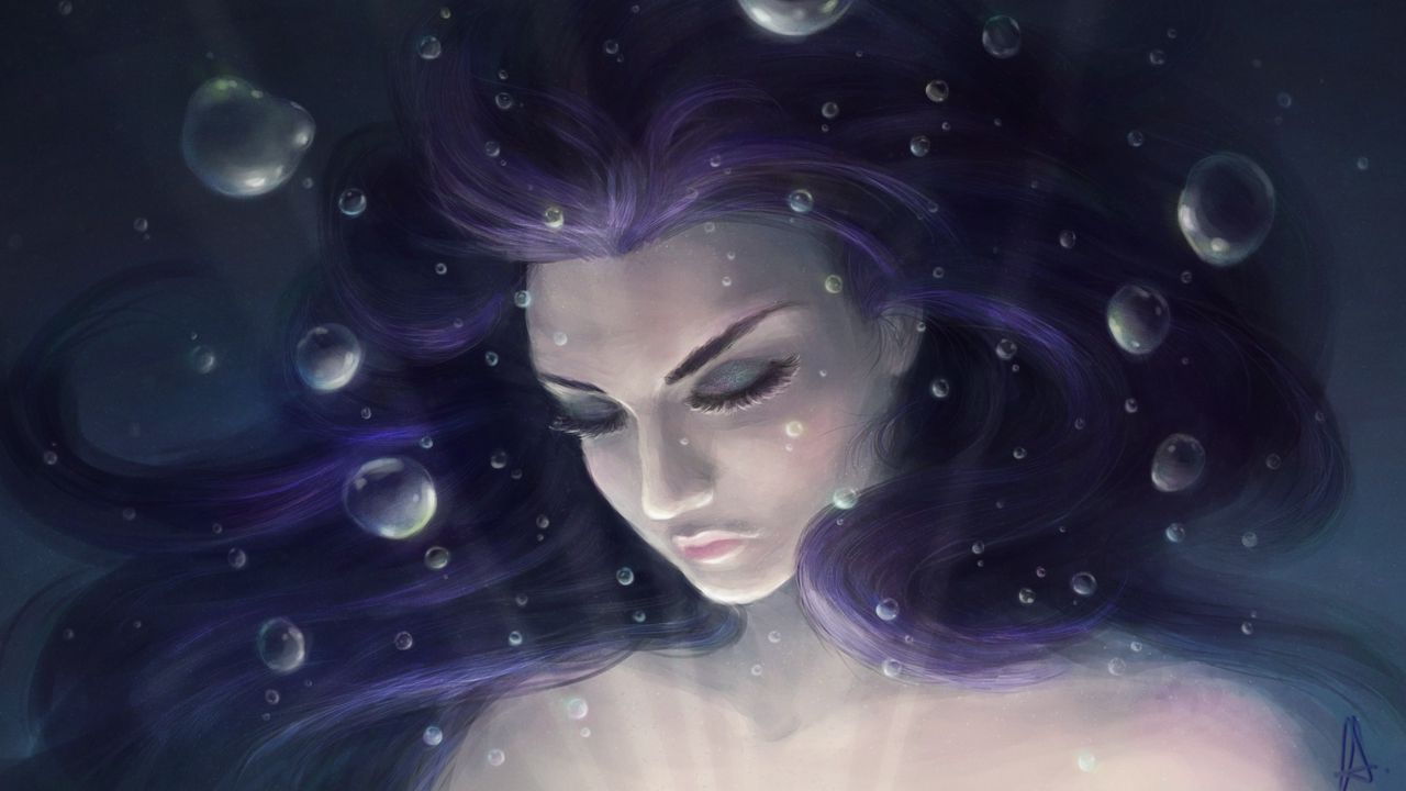 Wallpaper girl, art, face, hair, underwater, bubbles