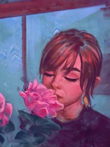 Preview wallpaper girl, art, flower, tenderness