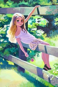 Preview wallpaper girl, art, summer, fence, walk