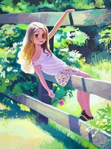 Preview wallpaper girl, art, summer, fence, walk