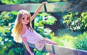 Preview wallpaper girl, art, summer, fence, walk