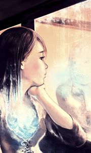 Preview wallpaper girl, art, window, reflections, loneliness