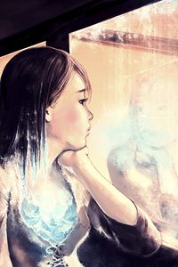 Preview wallpaper girl, art, window, reflections, loneliness