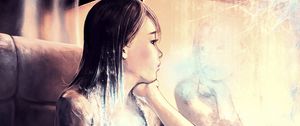 Preview wallpaper girl, art, window, reflections, loneliness