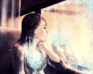 Preview wallpaper girl, art, window, reflections, loneliness