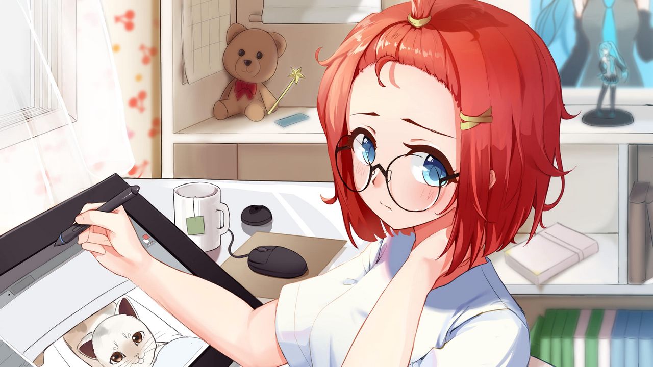 Wallpaper girl, artist, glasses, glance, anime
