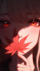 Preview wallpaper girl, autumn, maple leaf, anime, art