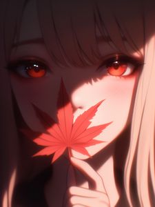 Preview wallpaper girl, autumn, maple leaf, anime, art