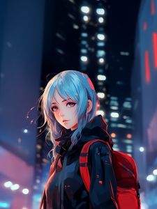 Preview wallpaper girl, backpack, anime, art, lights, blur