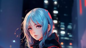 Preview wallpaper girl, backpack, anime, art, lights, blur