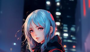 Preview wallpaper girl, backpack, anime, art, lights, blur