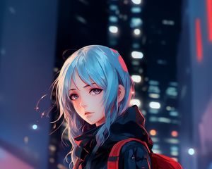 Preview wallpaper girl, backpack, anime, art, lights, blur