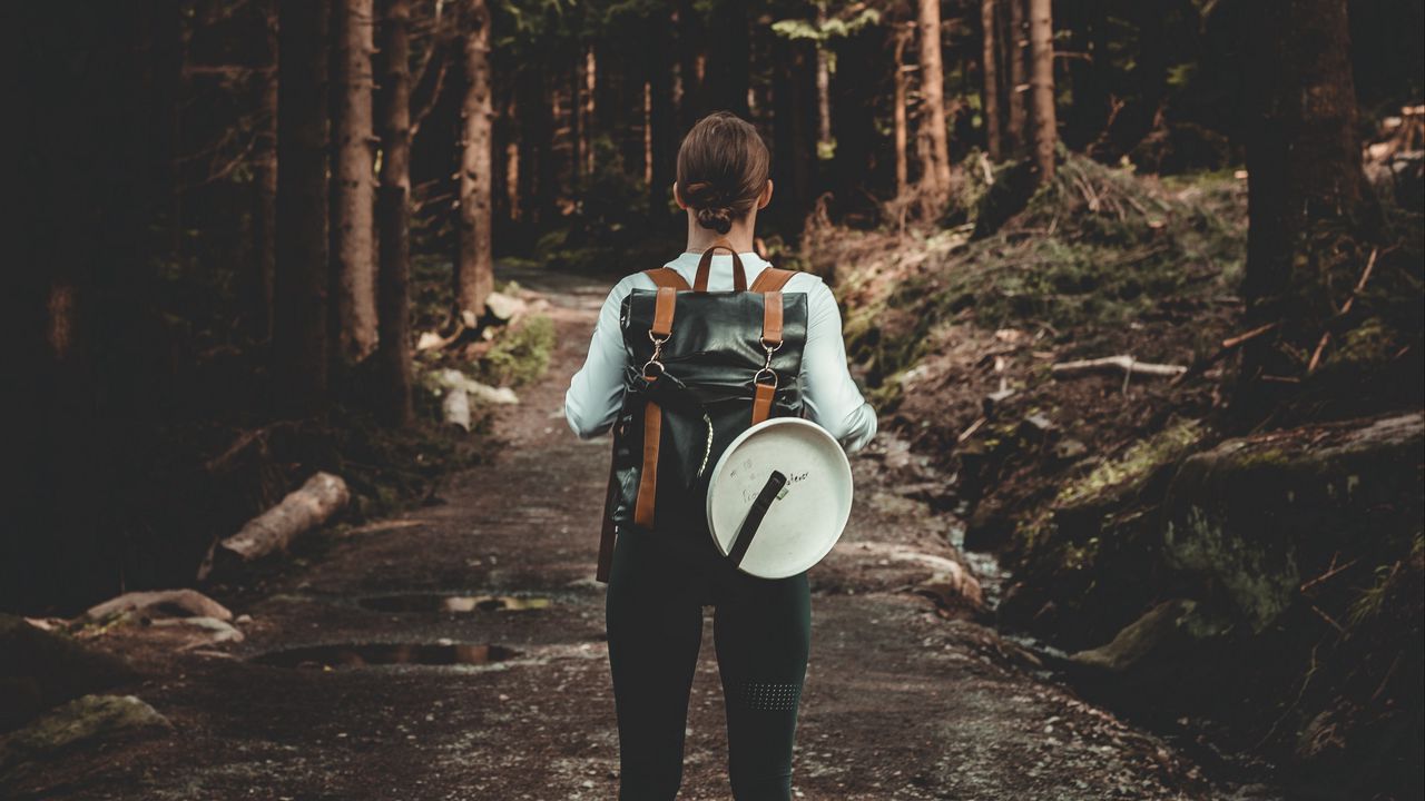 Wallpaper girl, backpack, back, path, forest