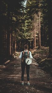 Preview wallpaper girl, backpack, back, path, forest