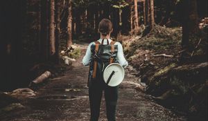 Preview wallpaper girl, backpack, back, path, forest