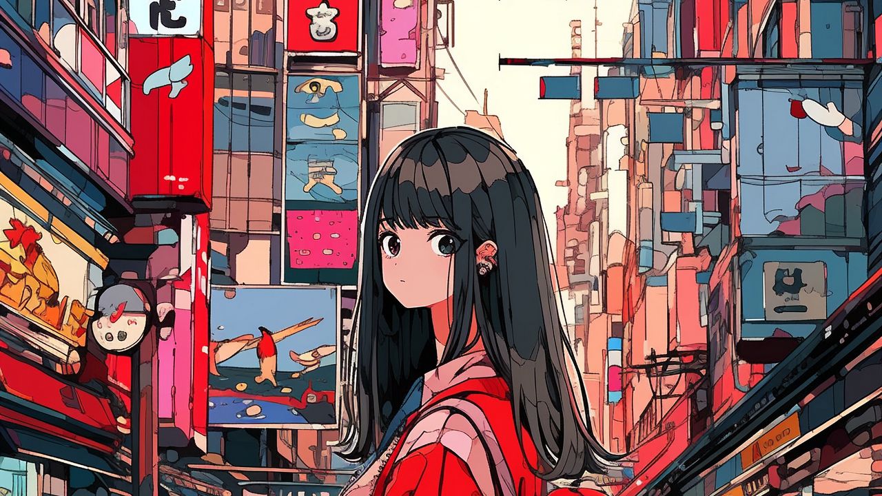 Wallpaper girl, backpack, building, city, anime hd, picture, image