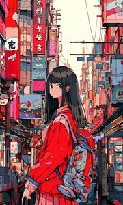 Preview wallpaper girl, backpack, building, city, anime