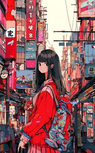 Preview wallpaper girl, backpack, building, city, anime