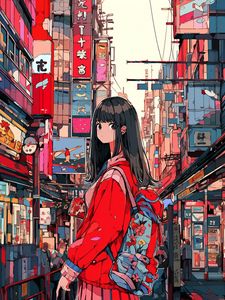 Preview wallpaper girl, backpack, building, city, anime