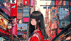 Preview wallpaper girl, backpack, building, city, anime