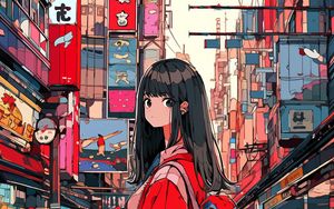 Preview wallpaper girl, backpack, building, city, anime