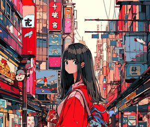 Preview wallpaper girl, backpack, building, city, anime
