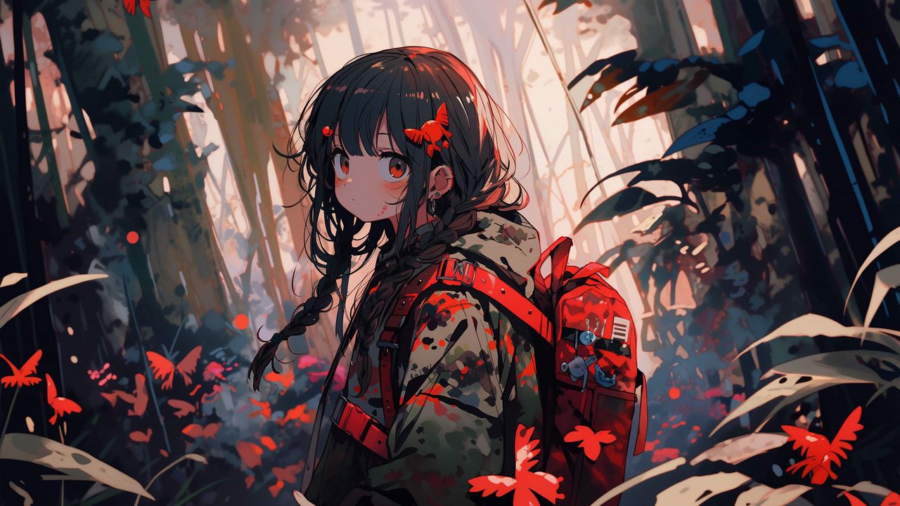 Wallpaper girl, backpack, butterflies, jungle, anime