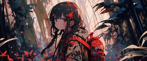 Preview wallpaper girl, backpack, butterflies, jungle, anime