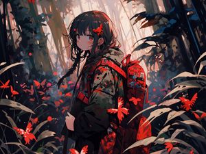 Preview wallpaper girl, backpack, butterflies, jungle, anime