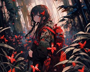 Preview wallpaper girl, backpack, butterflies, jungle, anime