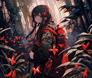 Preview wallpaper girl, backpack, butterflies, jungle, anime