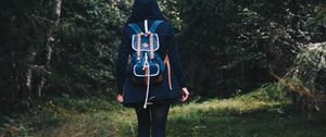 Preview wallpaper girl, backpack, forest, walk, fall