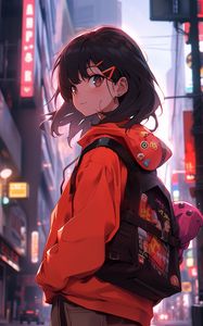Preview wallpaper girl, backpack, hairpins, anime, street, art