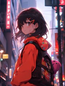 Preview wallpaper girl, backpack, hairpins, anime, street, art