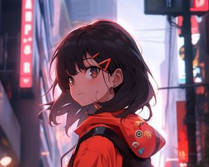 Preview wallpaper girl, backpack, hairpins, anime, street, art