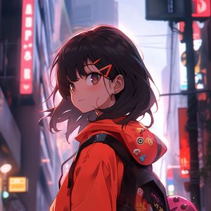 Preview wallpaper girl, backpack, hairpins, anime, street, art