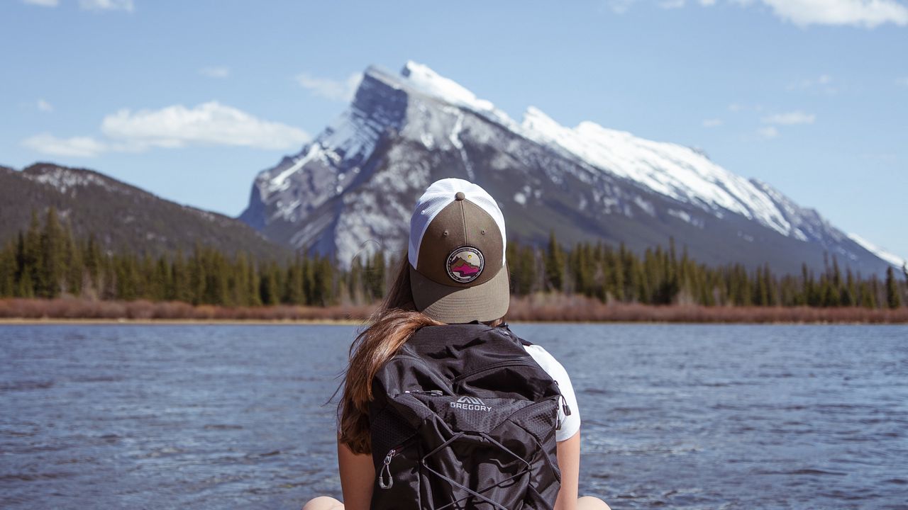 Wallpaper girl, backpack, pier, lake, mountain, travel
