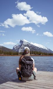 Preview wallpaper girl, backpack, pier, lake, mountain, travel