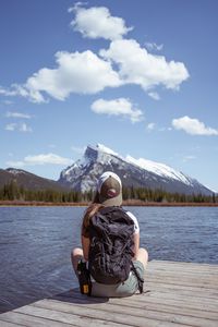 Preview wallpaper girl, backpack, pier, lake, mountain, travel