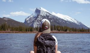 Preview wallpaper girl, backpack, pier, lake, mountain, travel