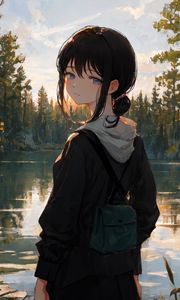 Preview wallpaper girl, backpack, pond, trees, anime