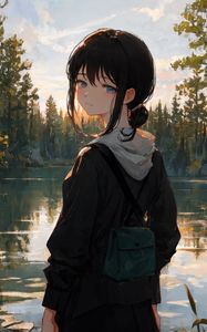 Preview wallpaper girl, backpack, pond, trees, anime